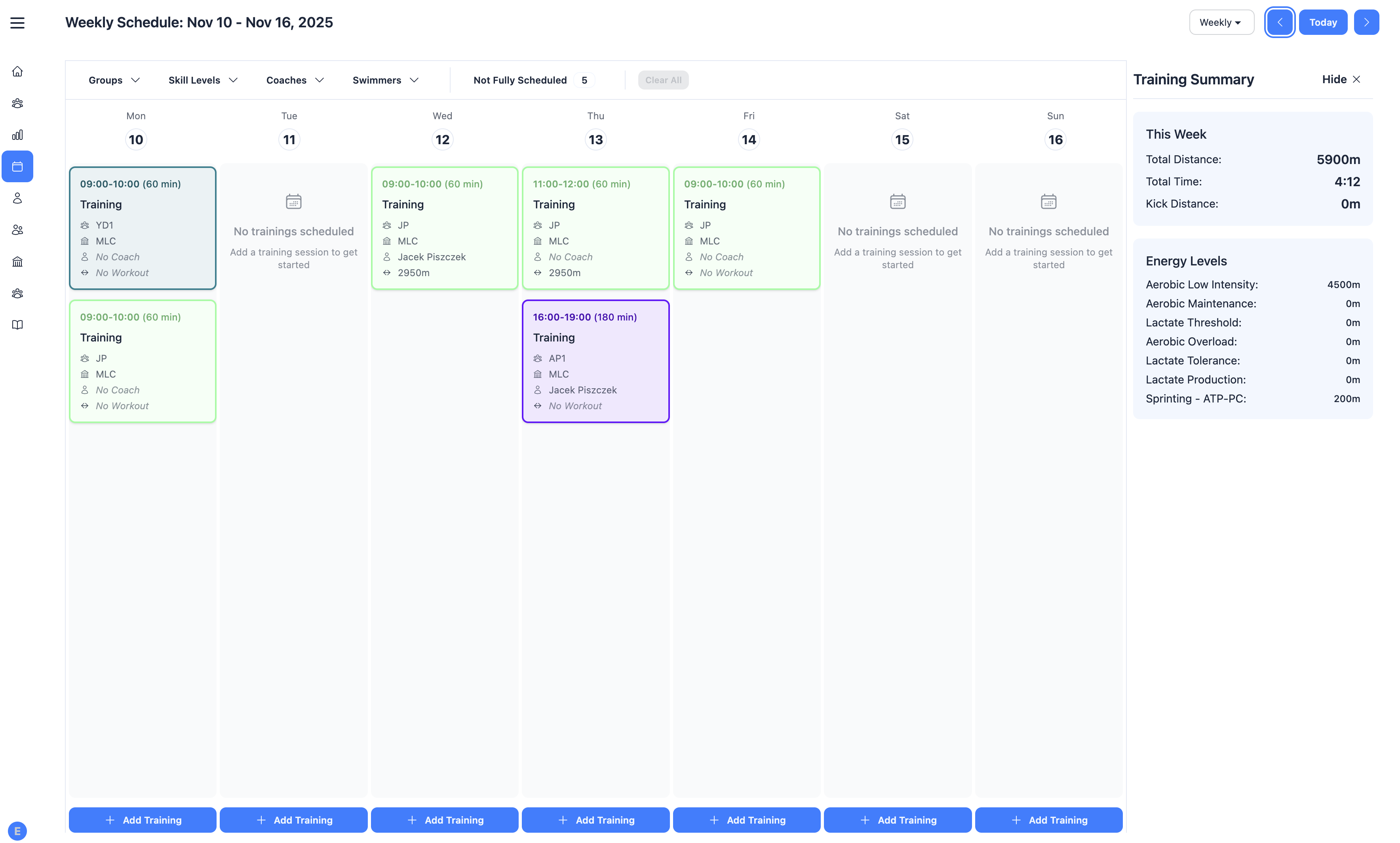 EasySwimOps scheduling view for groups and coaches