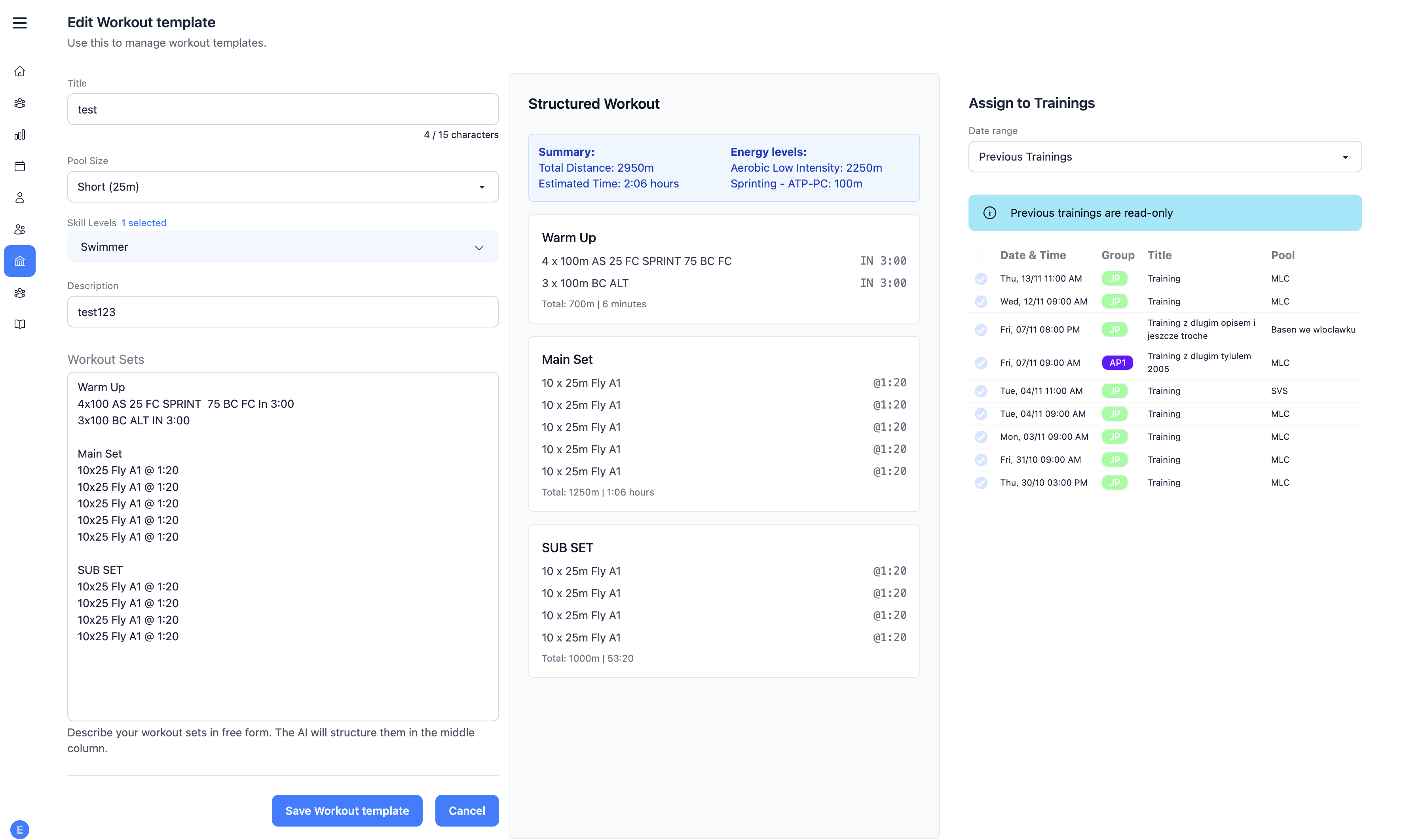 EasySwimOps workout library definition with structured workout output